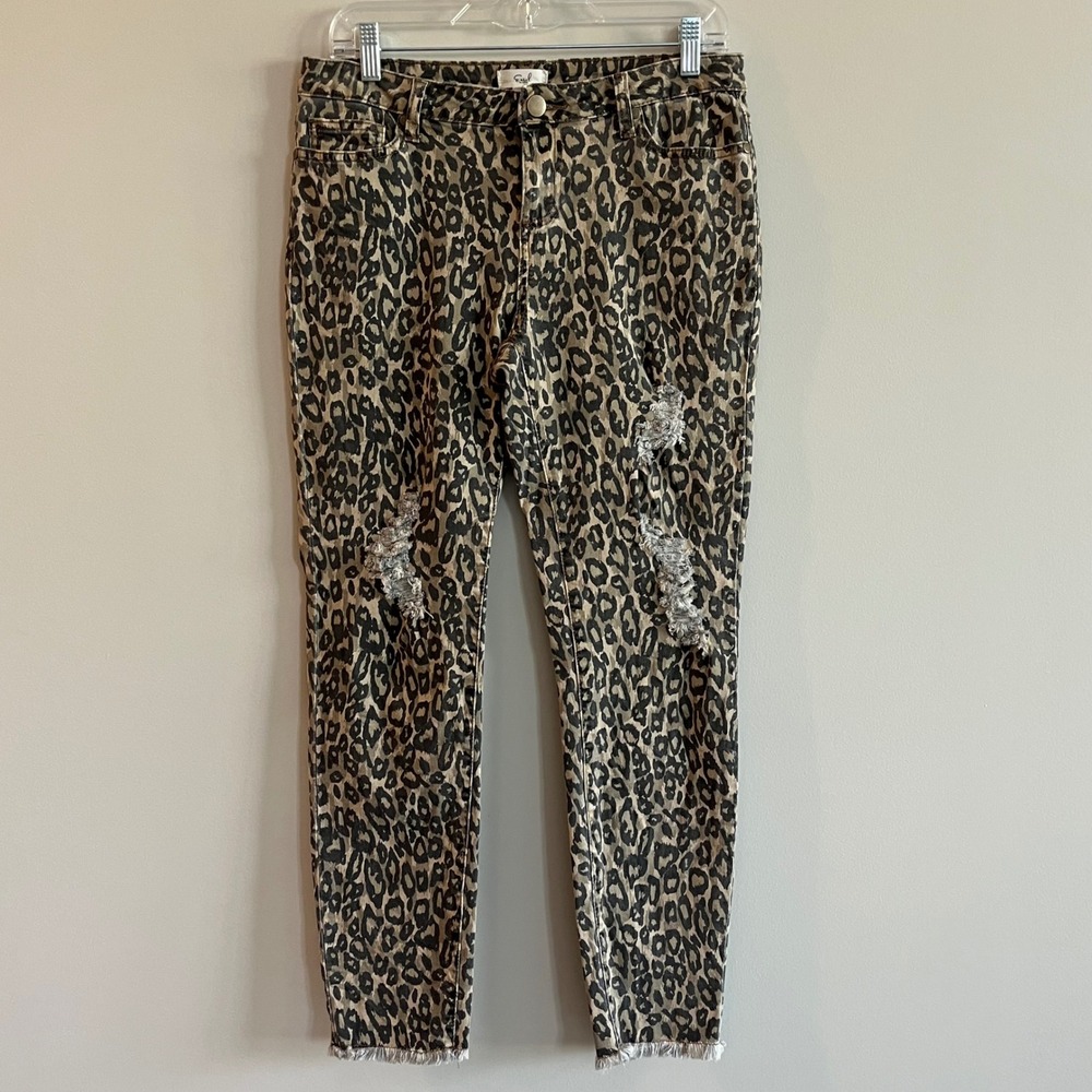Easel Leopard Print Distressed Skinny Jeans Women's Large Tan Black Animal Print
